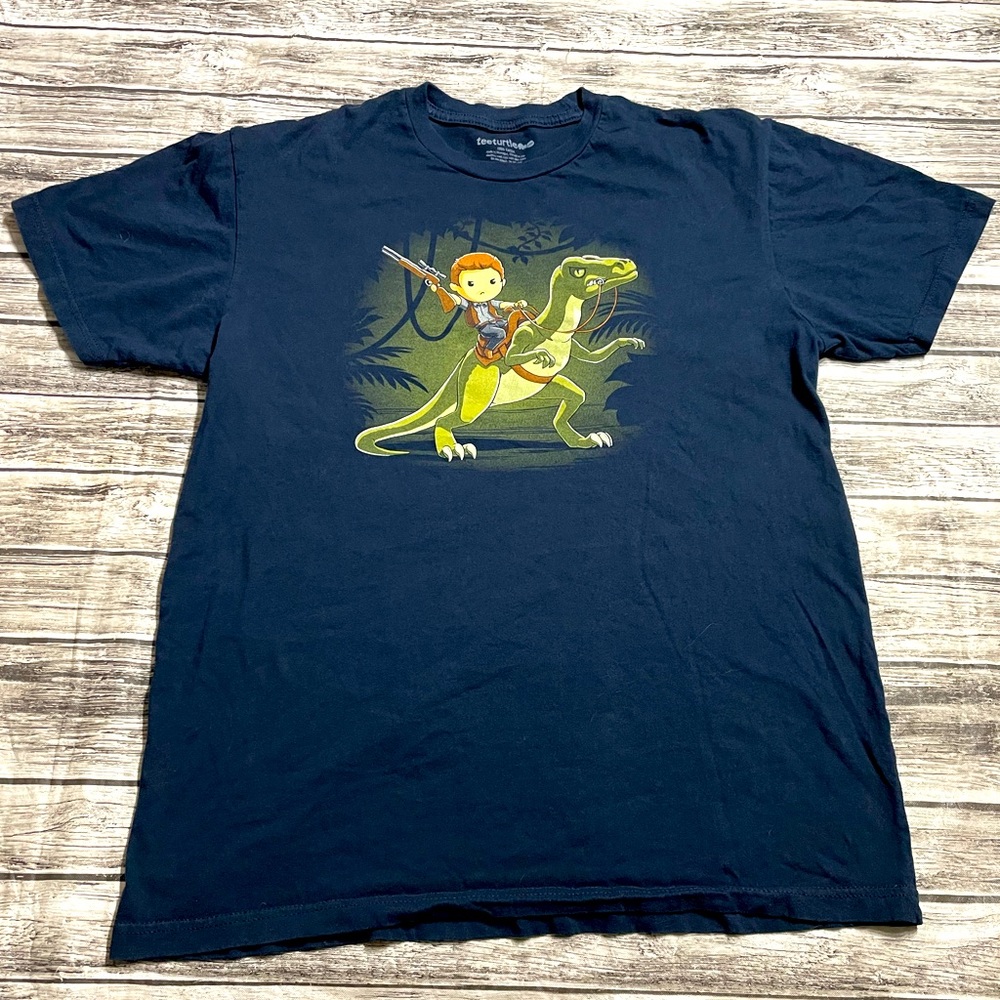Mens Size Large Tee Turtle Jurassic World Blue Velociraptor & Trainer Owen Chibi